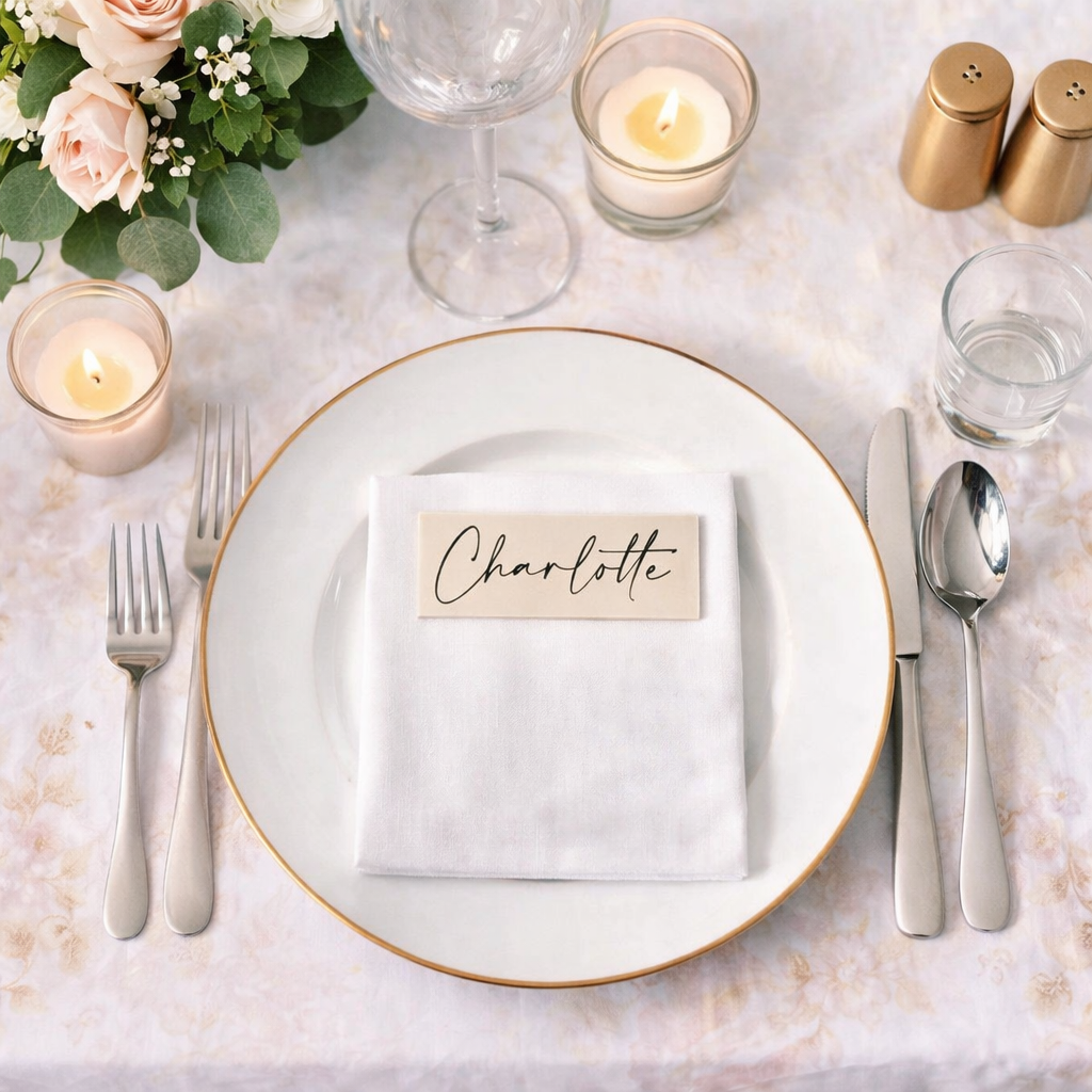 a beautifully set table with a white plate, silverware, and a candlelit centerpiece. The table is adorned with a floral arrangement and a name card that reads "Charlotte".