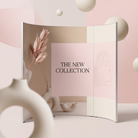 a display stand with a pink and white color scheme, showcasing a collection of items.