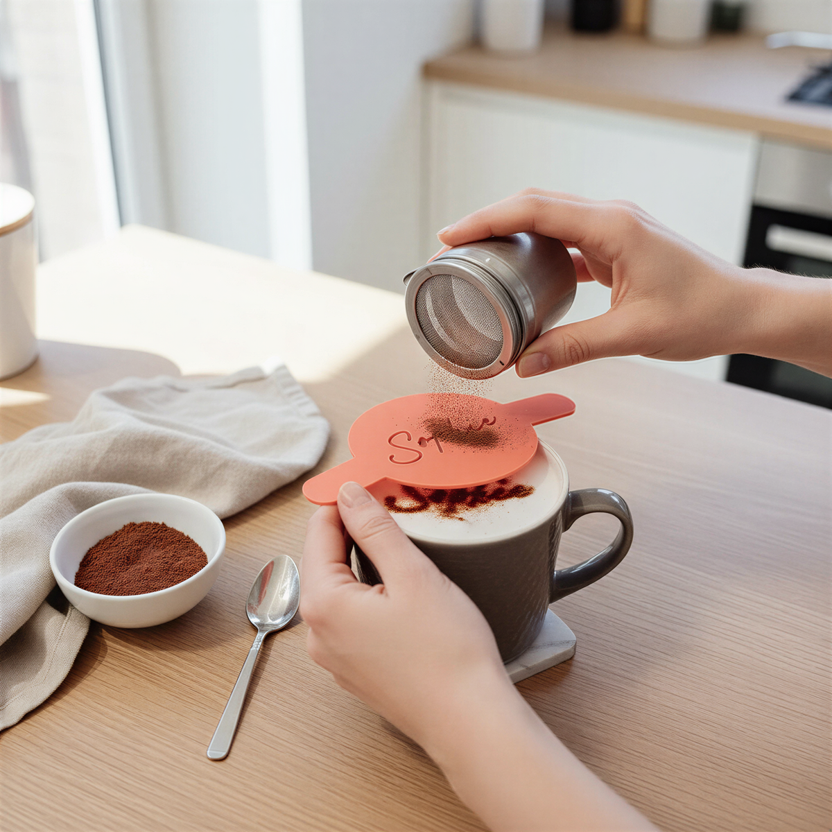 A person's hands are shown sprinkling cinnamon or nutmeg over a cup of coffee or hot chocolate on a kitchen counter.