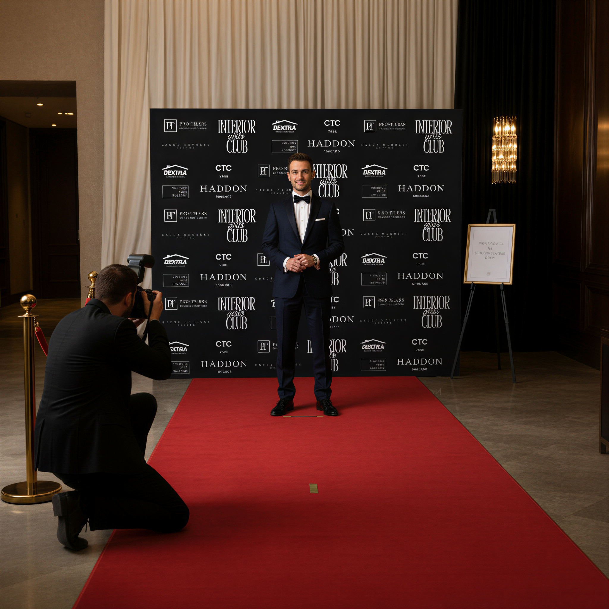 A man in a tuxedo is standing on a red carpet in front of a black backdrop with logos and text, while a photographer is capturing the moment.