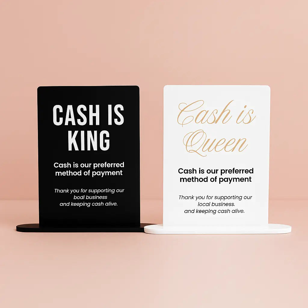 Cash is queen sign - custom acrylic business counter display black white