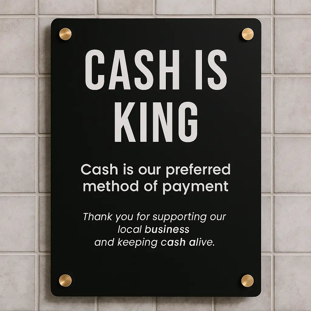 Cash is queen sign - custom acrylic business counter display black white