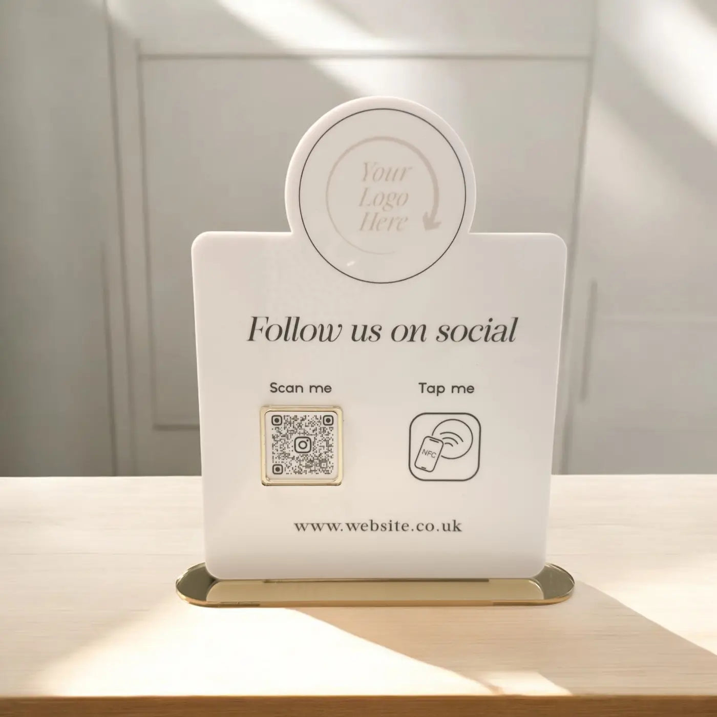 Contactless social media sign – custom acrylic display stand with luxury base