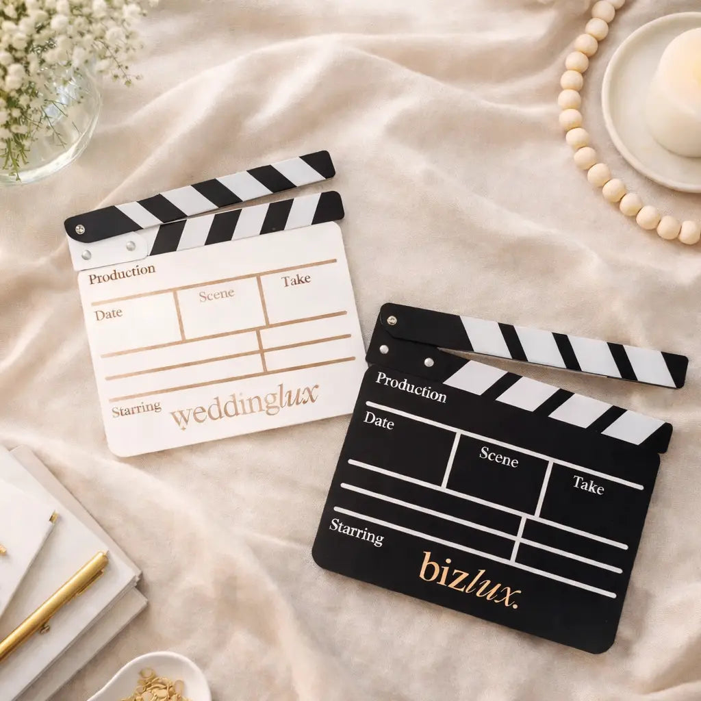 Custom acrylic clapperboard – luxury business logo clipboard | precision cut branding event props