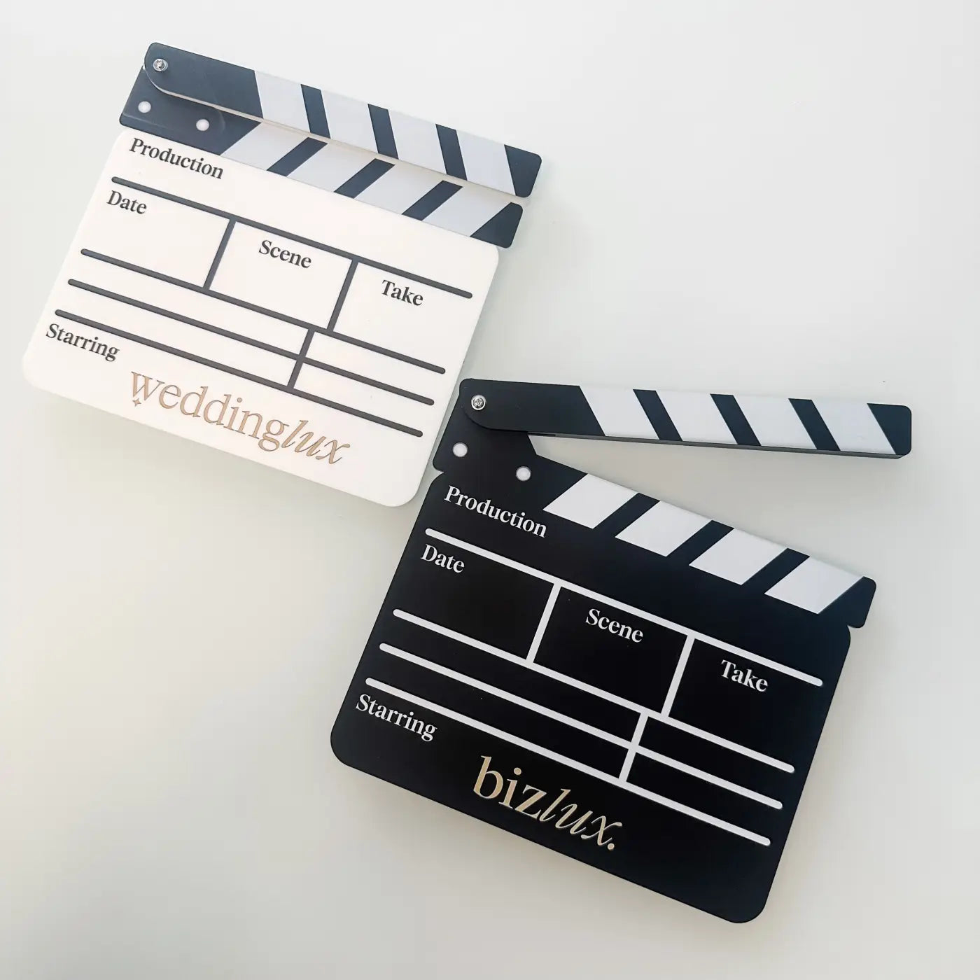 Custom acrylic clapperboard – luxury business logo clipboard | precision cut branding event props