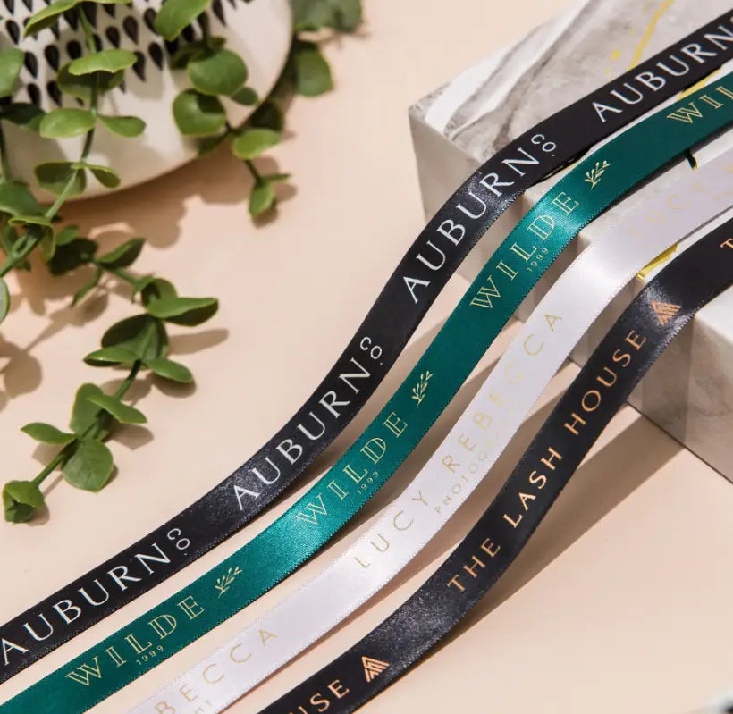 Custom business ribbon – luxury foil printed satin rolls for branding