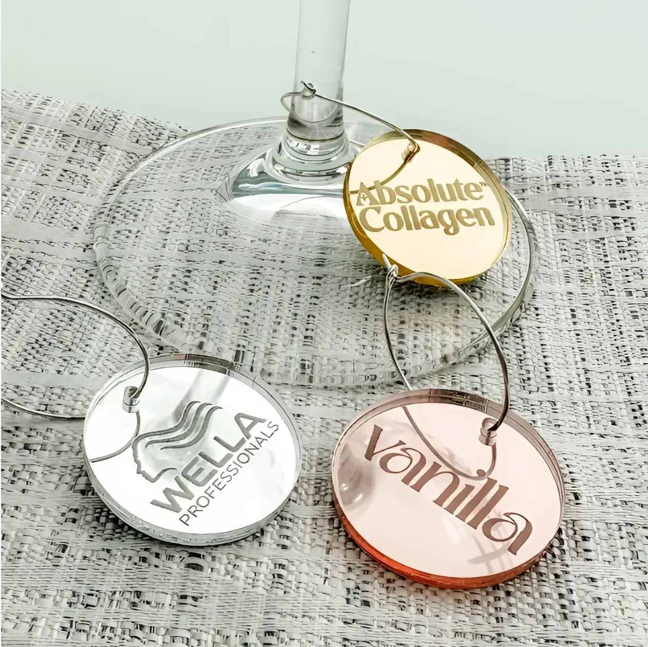 Custom drinks charms – personalised acrylic | luxury event branding accessories