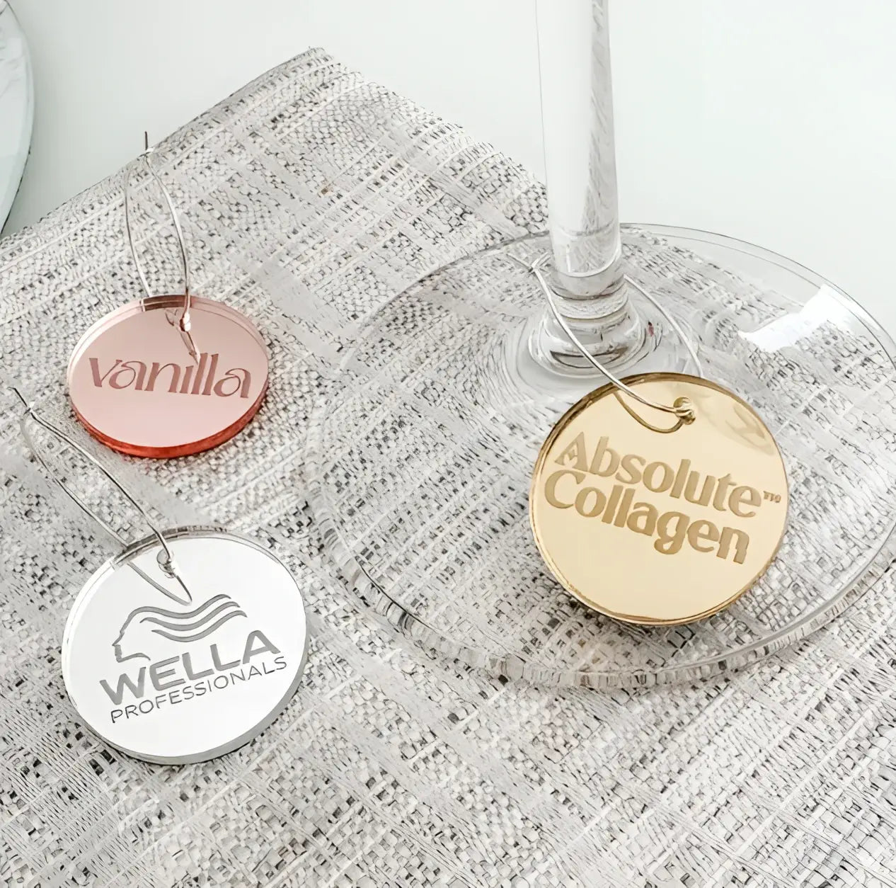 Custom drinks charms – personalised acrylic | luxury event branding accessories