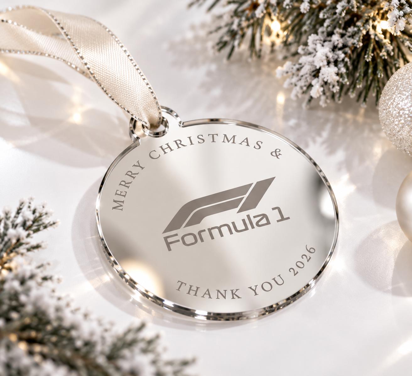 Custom Logo Christmas Baubles in mirror acrylic with personalised engraving for company Christmas displays