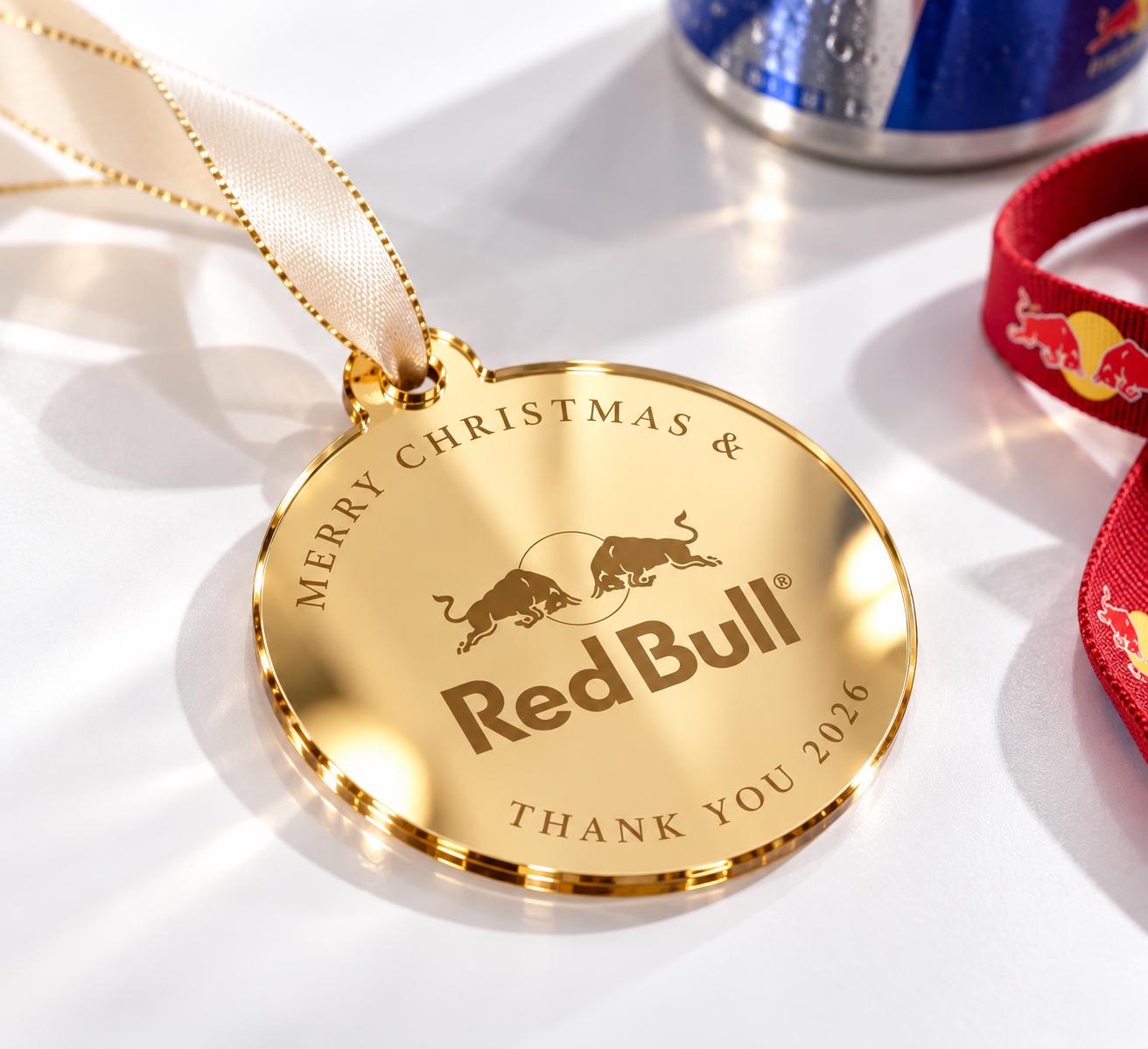 Custom Logo Christmas Baubles in mirror acrylic featuring personalised engraving