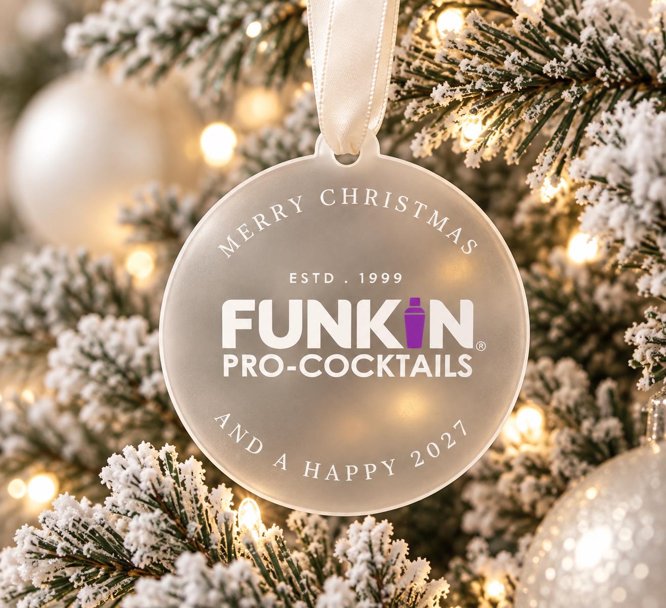 Custom Logo Christmas Baubles in frosted acrylic with custom printed artwork for company Christmas displays