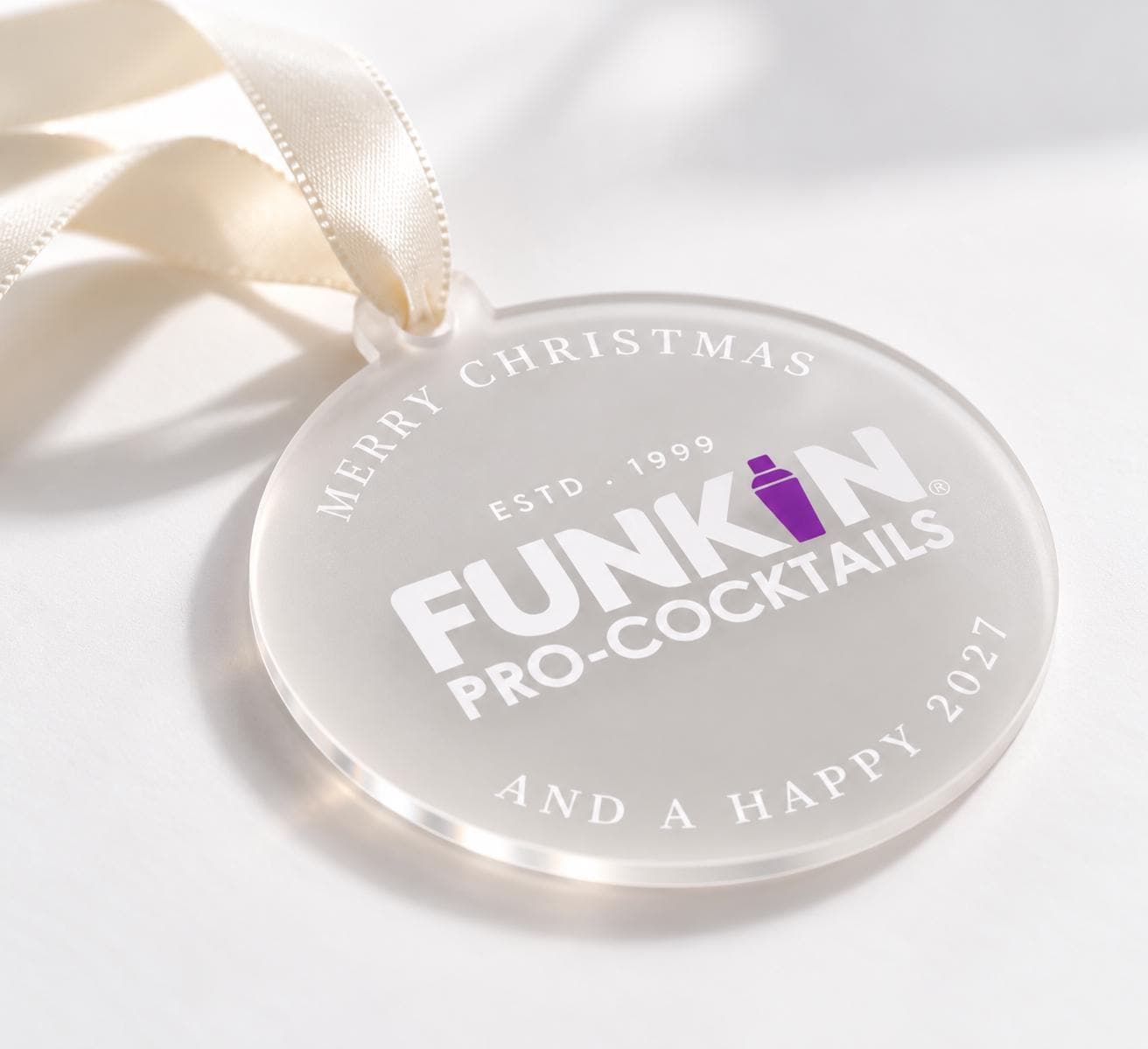 Custom Logo Christmas Baubles in frosted acrylic for company Christmas displays
