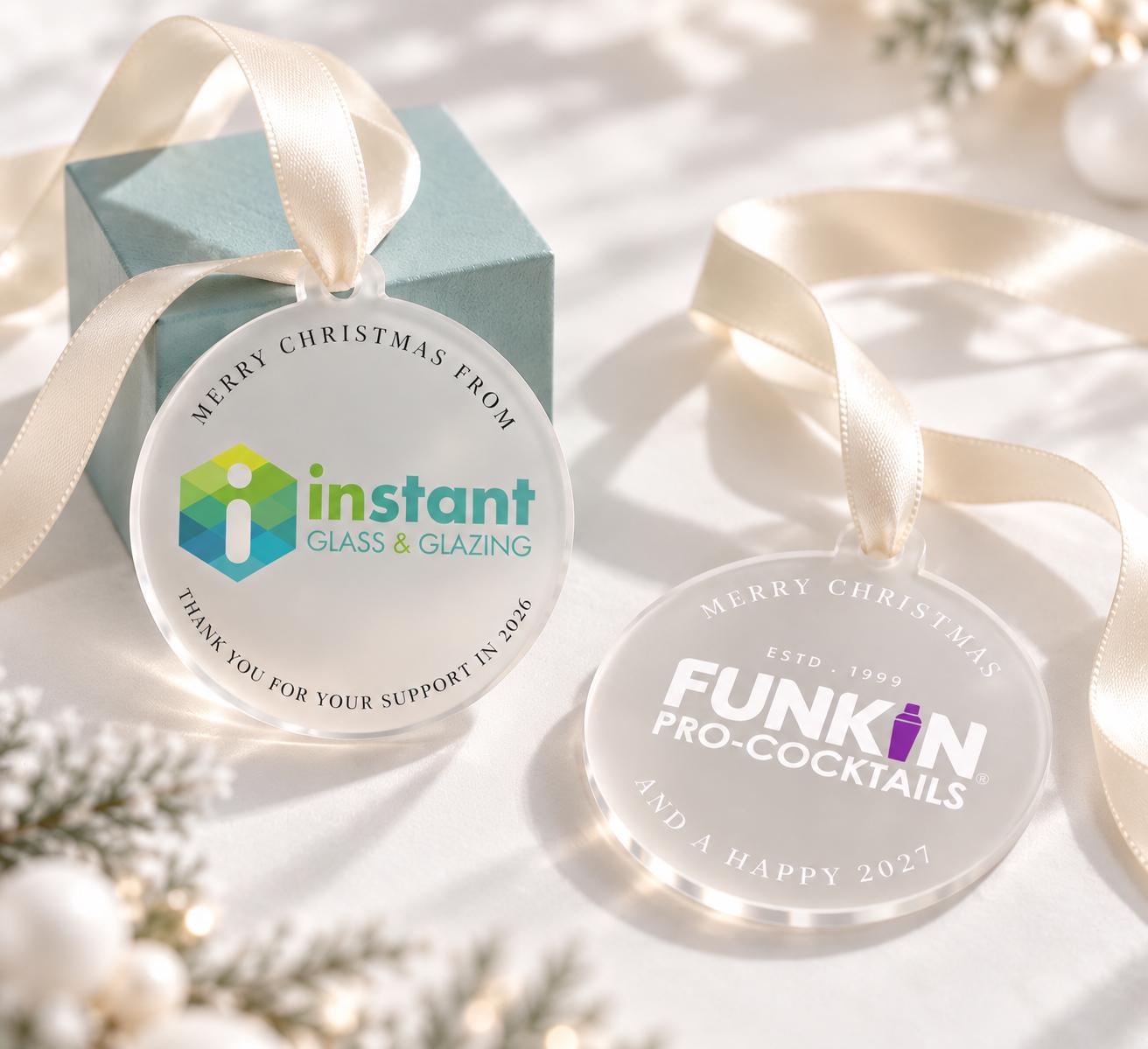 Custom Logo Christmas Baubles in frosted acrylic for branded Christmas trees