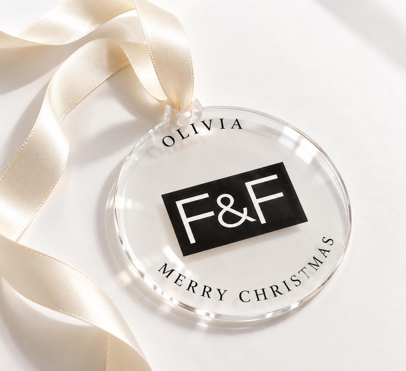 Custom Logo Christmas Baubles in clear acrylic for branded Christmas trees