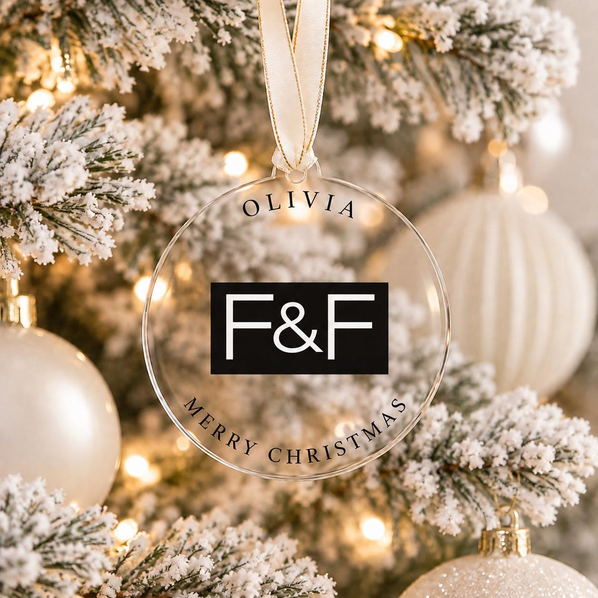Custom Logo Christmas Baubles in clear acrylic for company Christmas displays