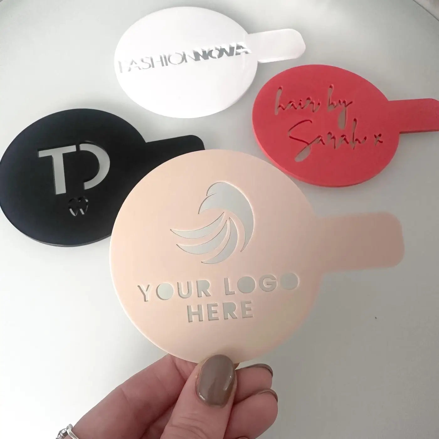 Custom logo coffee stencil - premium acrylic branding tool | made in uk