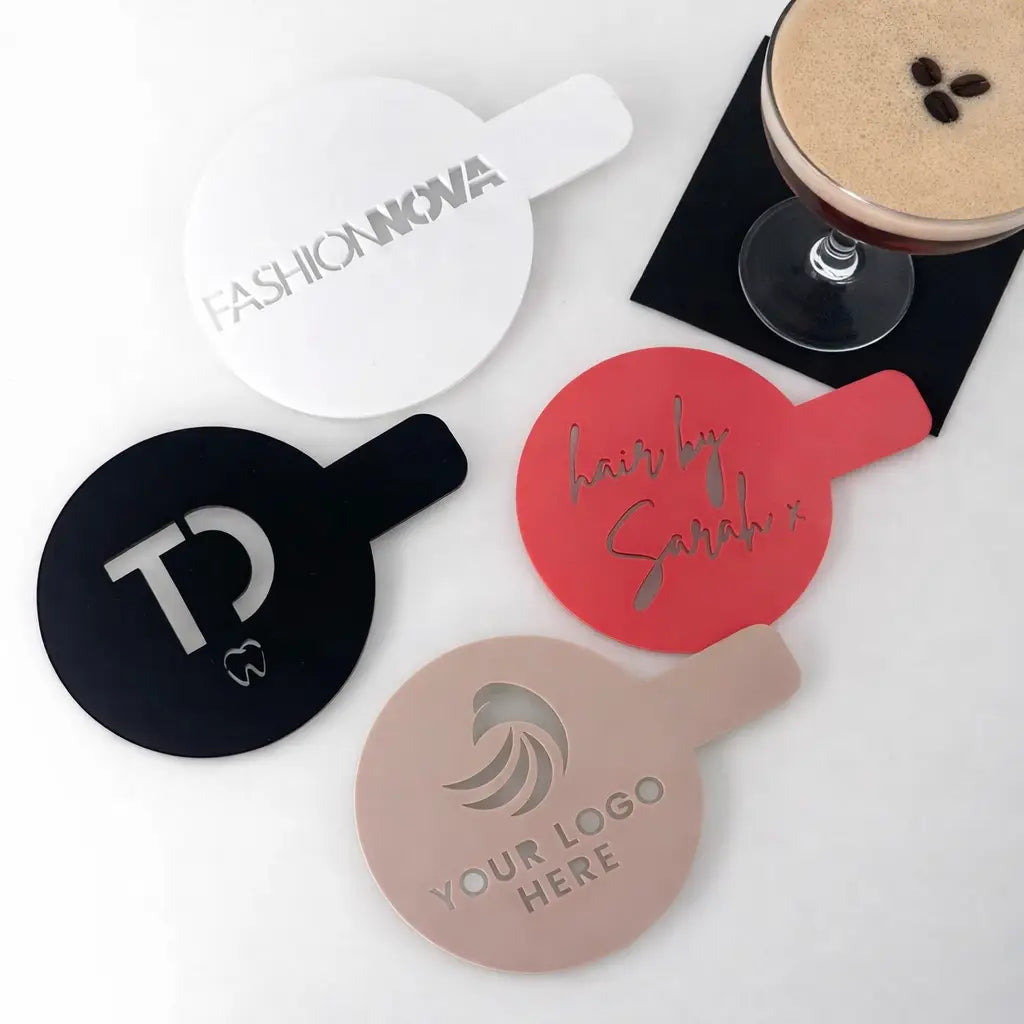 Custom logo coffee stencil - premium acrylic branding tool | made in uk