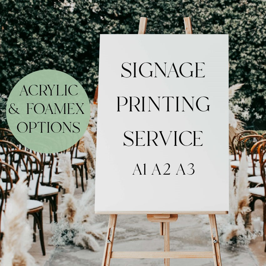 a white sign with black text, standing on a wooden easel against a backdrop of white and beige balloons with additional acrylic and Foamex options