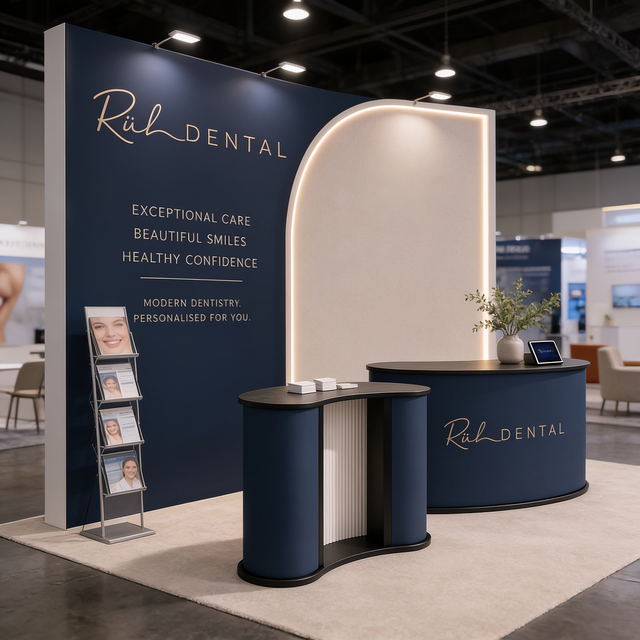 a dental trade show booth with a blue and white color scheme. The booth has a large sign that reads "RuhDENTAL" and displays the company's services, including "EXCEPTIONAL CARE BEAUTIFUL SMILES HEALTHY CONFIDENCE" and "MODERN DENTISTRY PERSONALISED FOR YOU". The booth also has a display of dental products and a potted plant, creating a professional and inviting atmosphere.