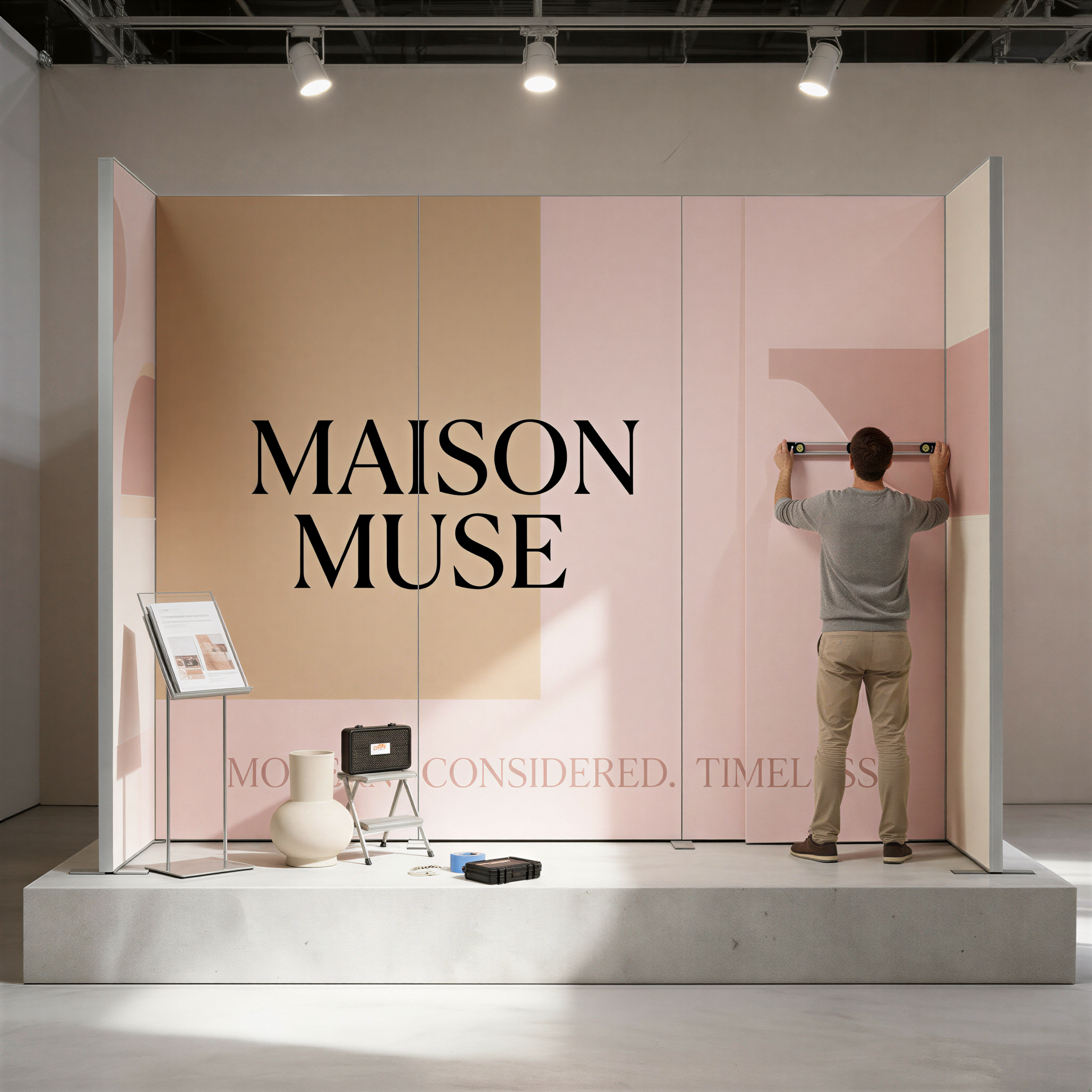 A man is standing in front of a large display with the word "MAISON MUSE" written on it, and there are some objects on the display, including a suitcase and a vase.