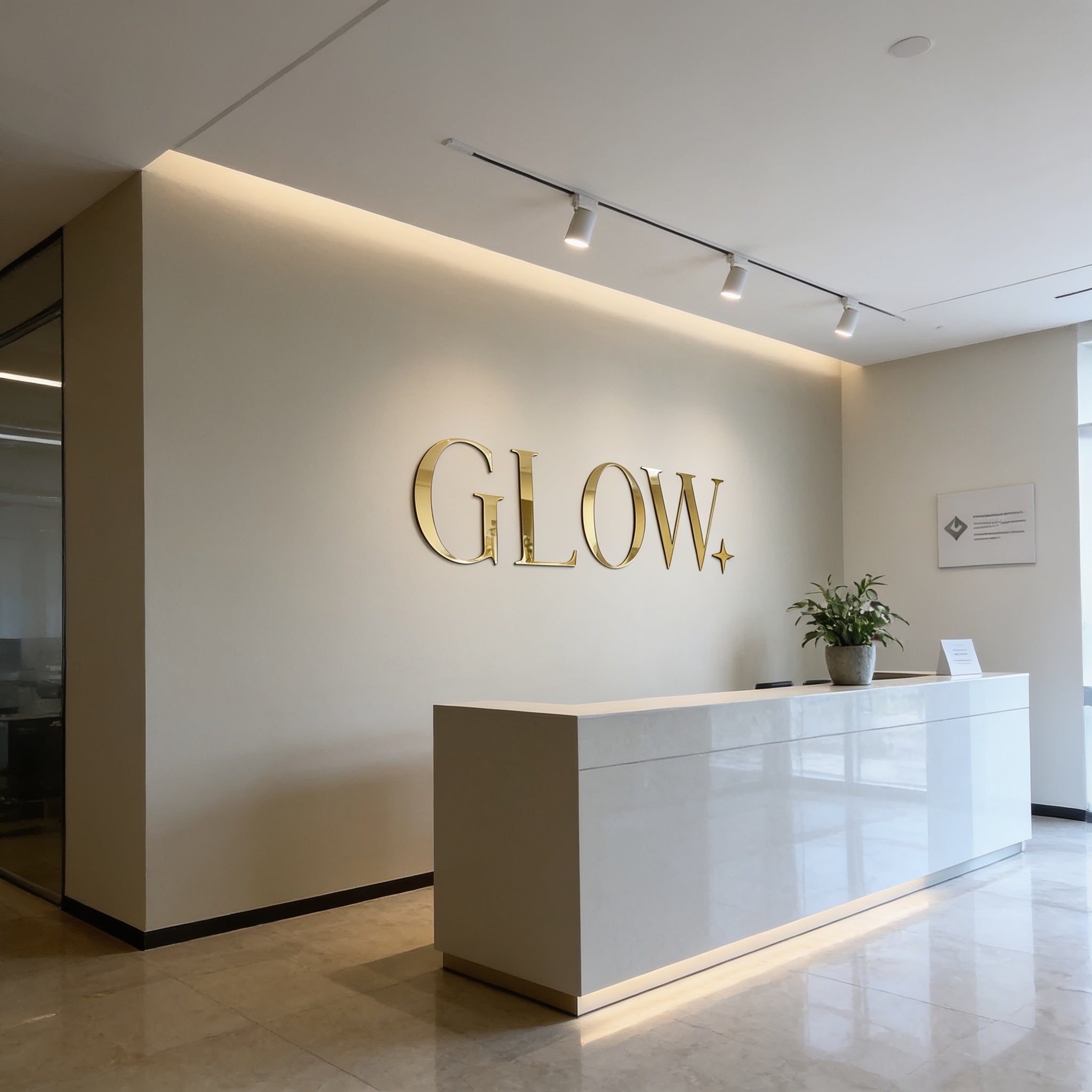 a modern and clean office reception area with a white reception desk and a large "GOWL" sign on the wall.