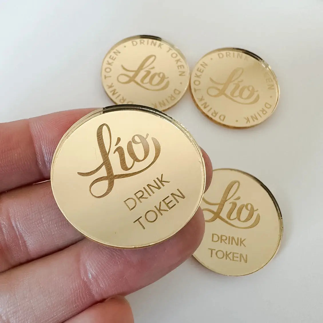 Engraved drinks tokens – custom logo mirror acrylic for business events