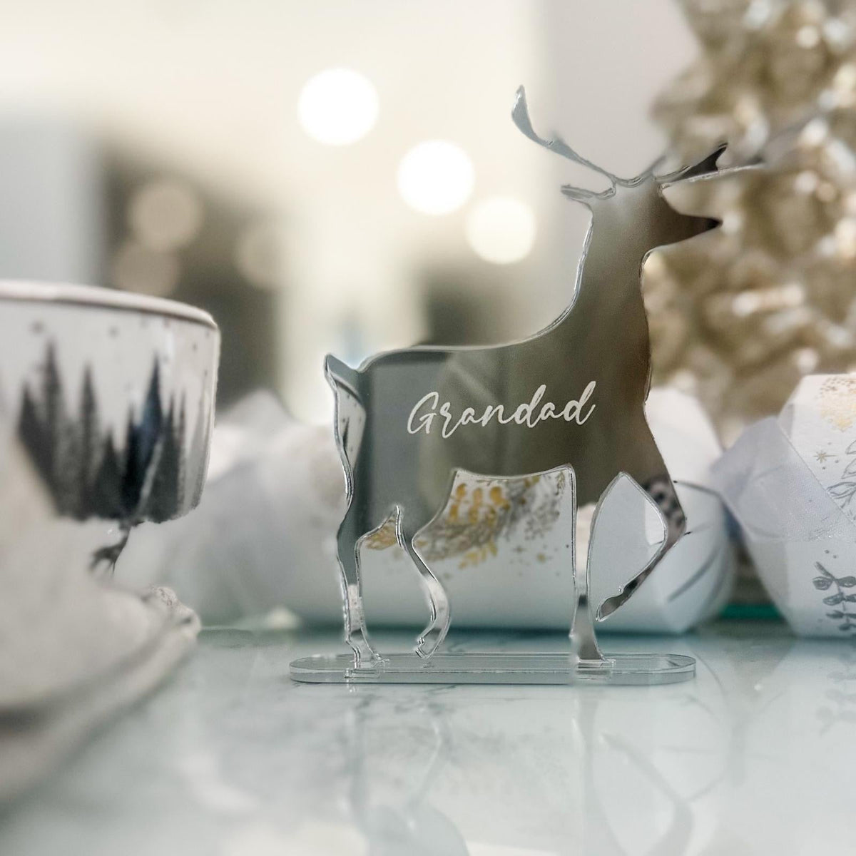 Engraved Reindeer Place Names in wood for Christmas dinner table settings