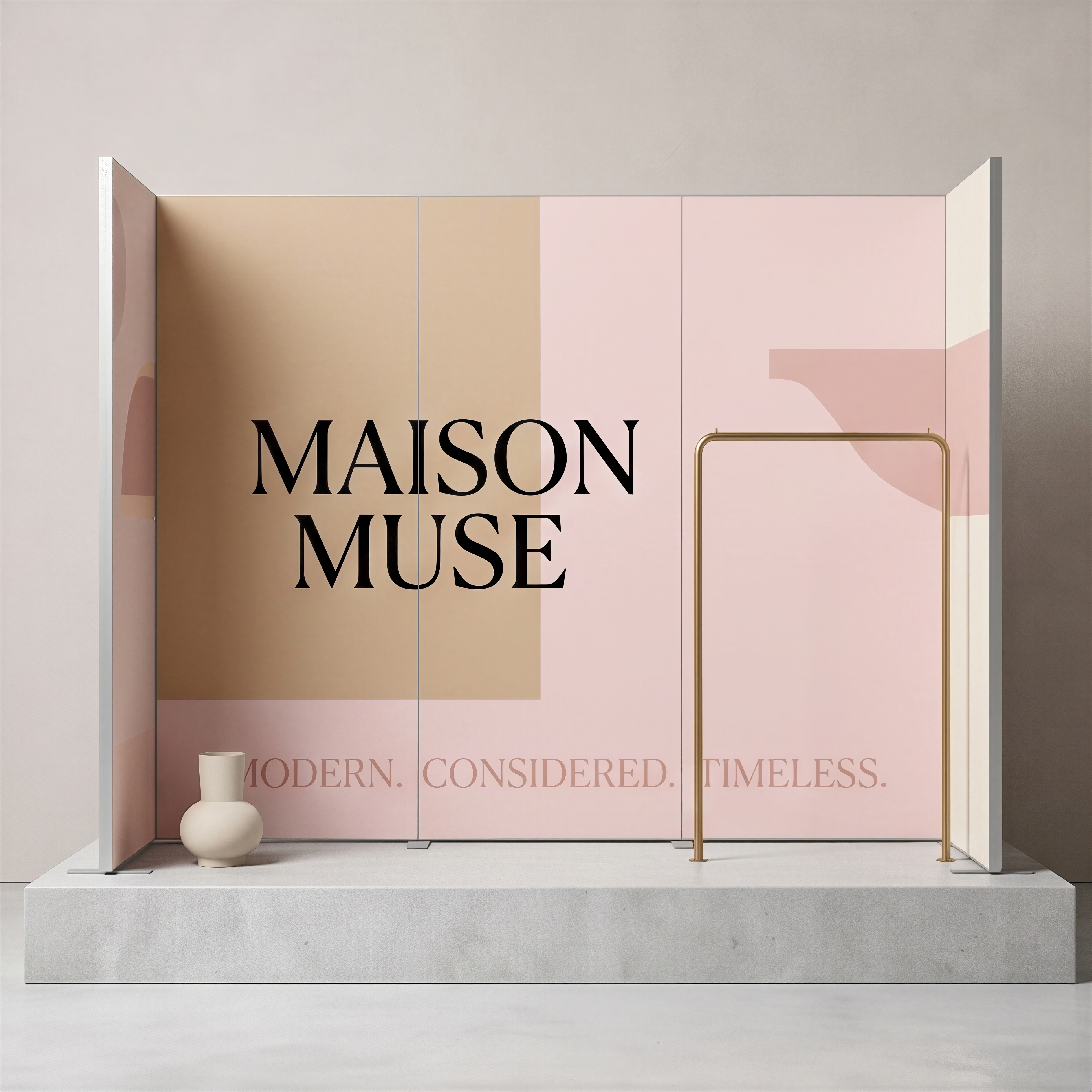 a minimalist display with a large text logo on a pink background, a white vase, and a gold railing.
