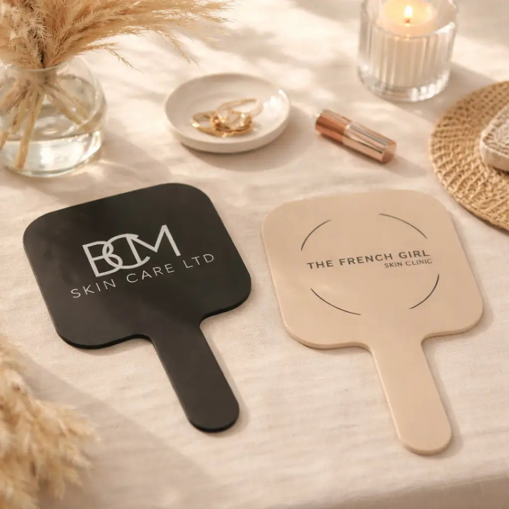 Handheld branded mirror | luxury acrylic makeup with custom text engraving