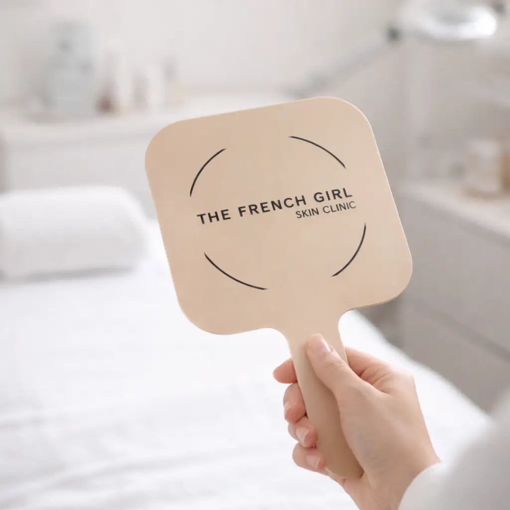 Handheld branded mirror | luxury acrylic makeup with custom text engraving