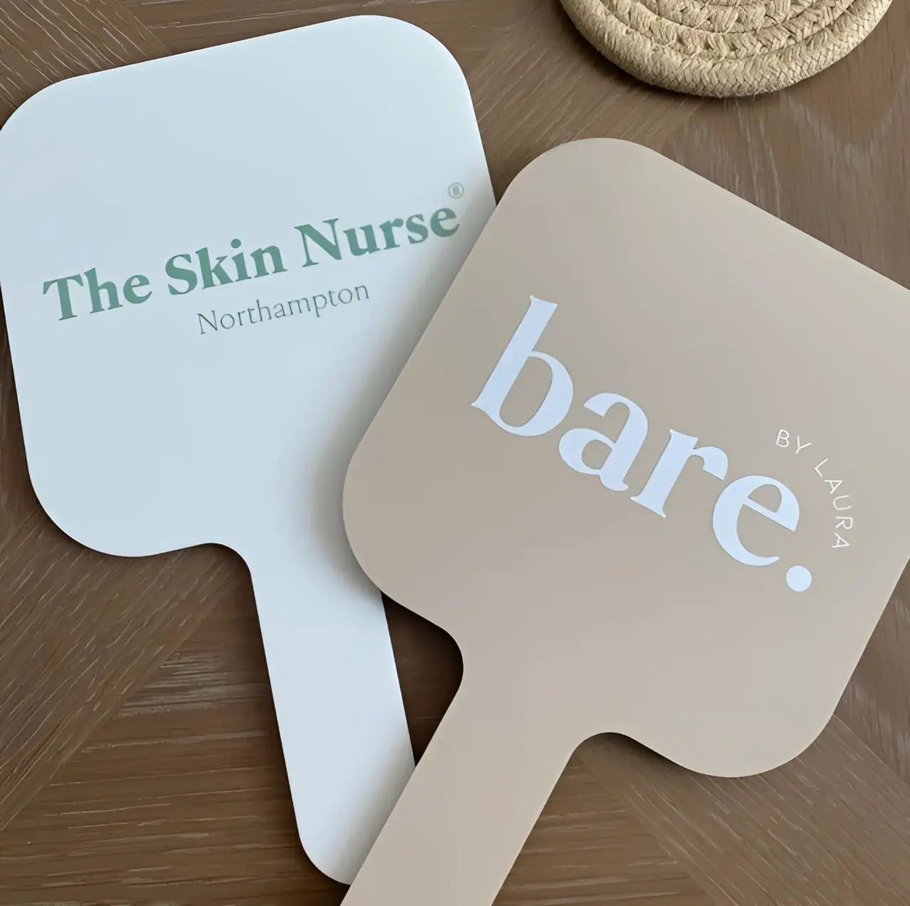 Handheld branded mirror | luxury acrylic makeup with custom text engraving