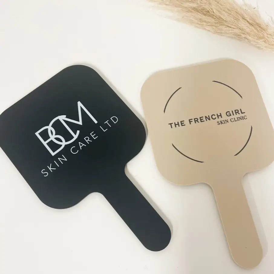 Handheld branded mirror | luxury acrylic makeup with custom text engraving