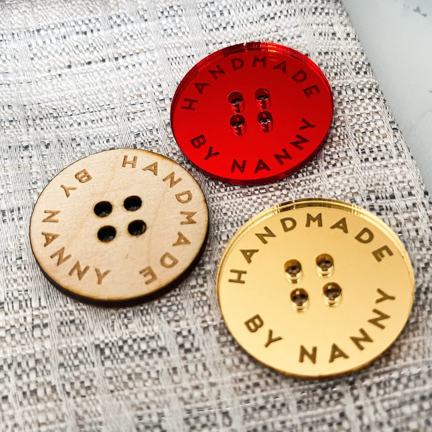 Handmade button tag - engraved wood buttons & acrylic gift tags with mirror finish