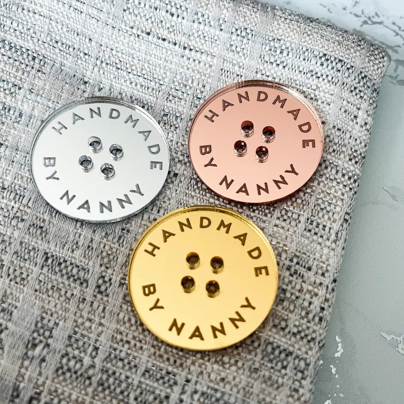 Handmade button tag - engraved wood buttons & acrylic gift tags with mirror finish