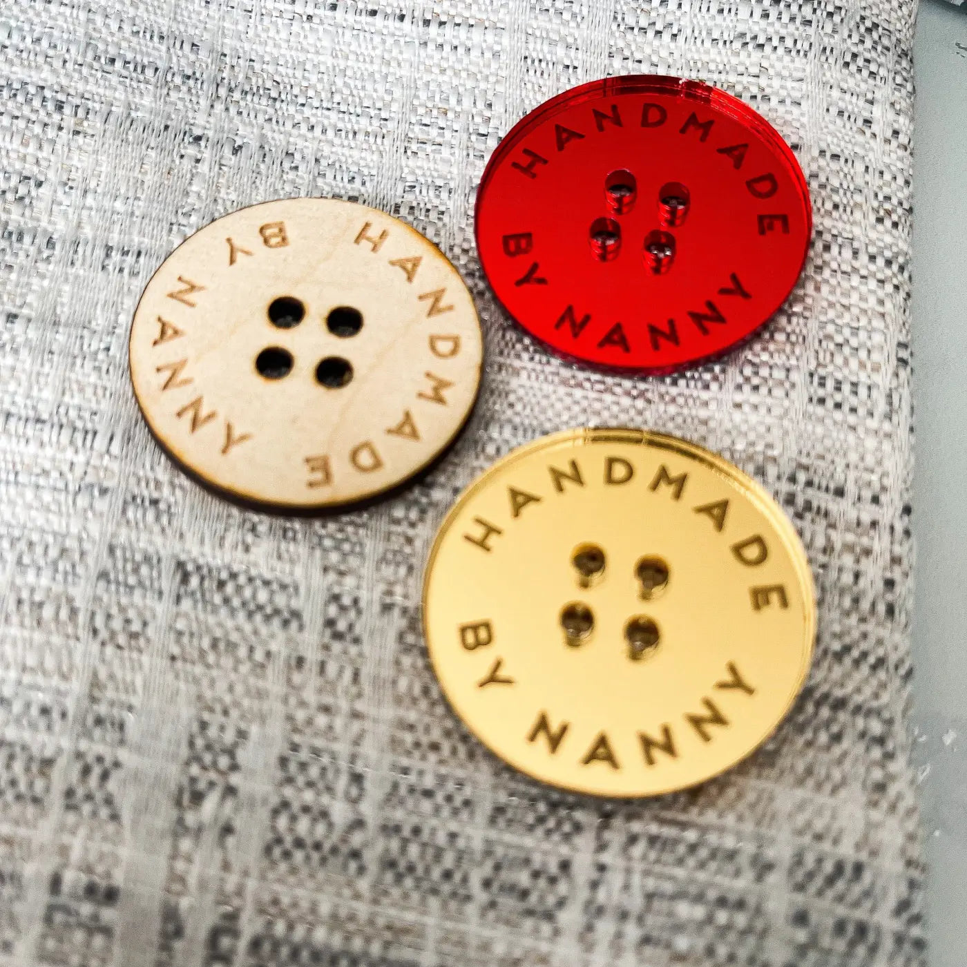 Handmade button tag - engraved wood buttons & acrylic gift tags with mirror finish