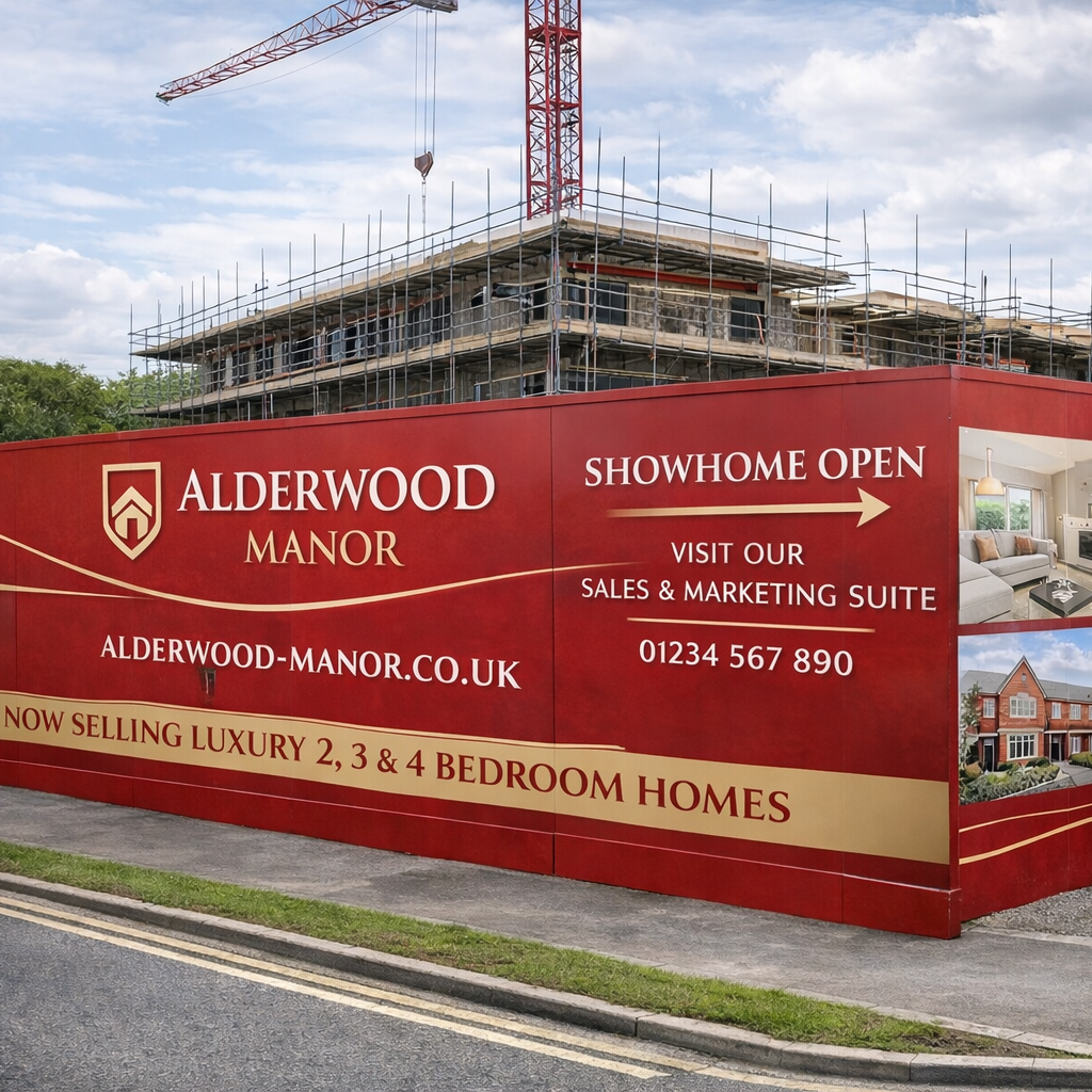 Red Alderwood Manor signboard with construction site in the background