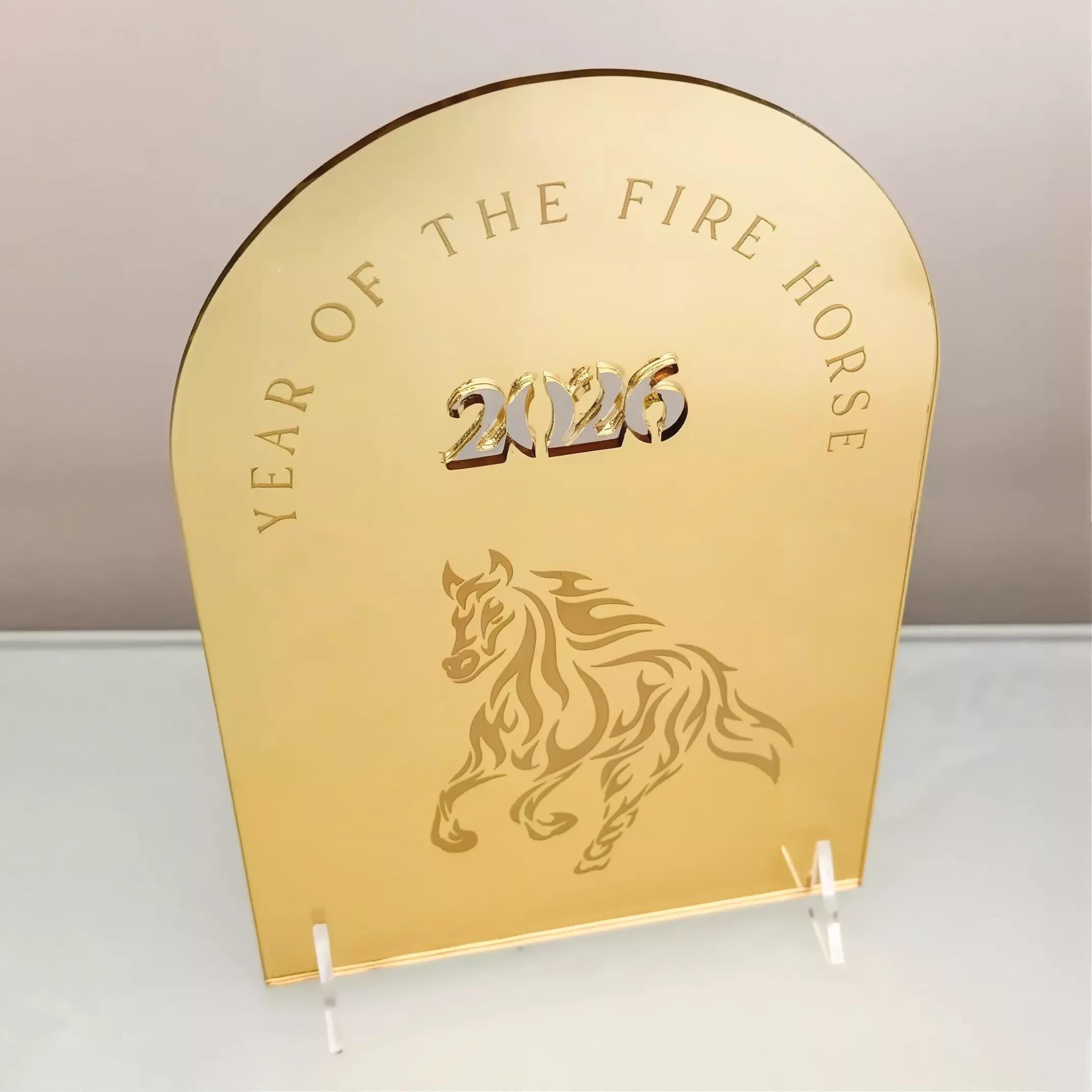 Year of the Horse Table Sign, Gold Mirror (A5 Lunar New Year Decor)
