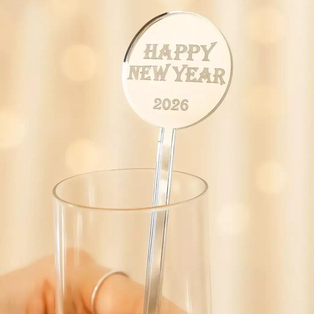 Drinks Stirrer: New Year 2026 - Mirror Gold, Silver, Rose Gold