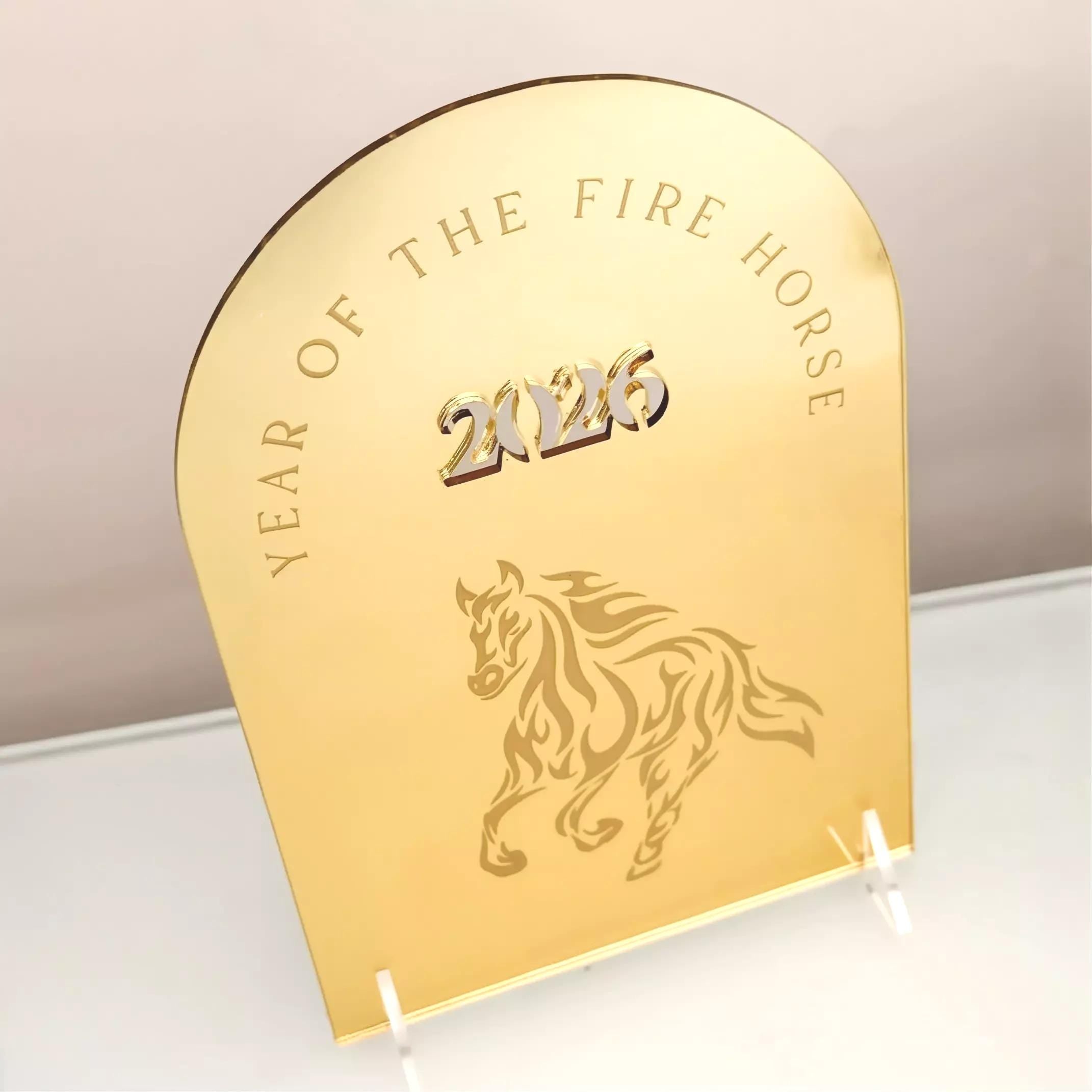 Year of the Horse Table Sign, Gold Mirror (A5 Lunar New Year Decor)