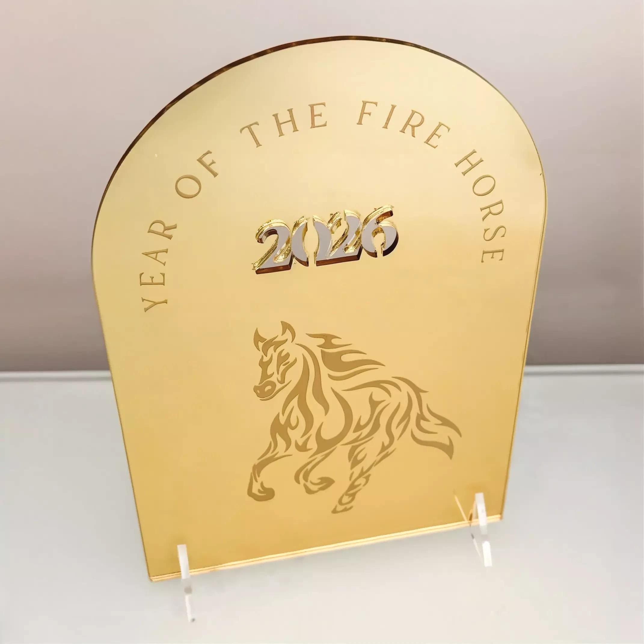 Year of the Horse Table Sign, Gold Mirror (A5 Lunar New Year Decor)