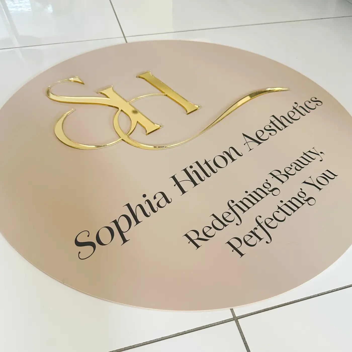 Luxury business signage - premium acrylic circular sign with 3d accent design