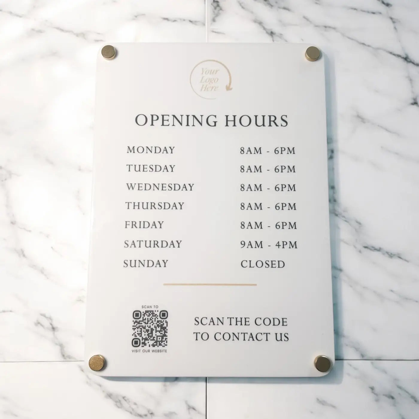 Luxury opening hours sign - custom acrylic business plaque with personalised logo