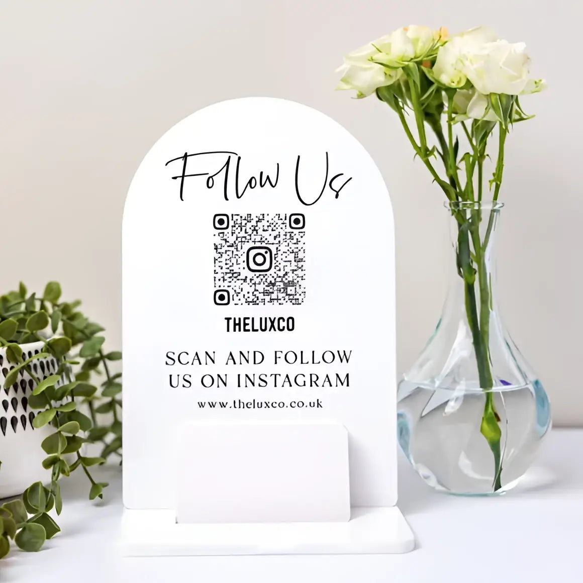 Luxury social media sign – custom qr display with business card holder acrylic dome