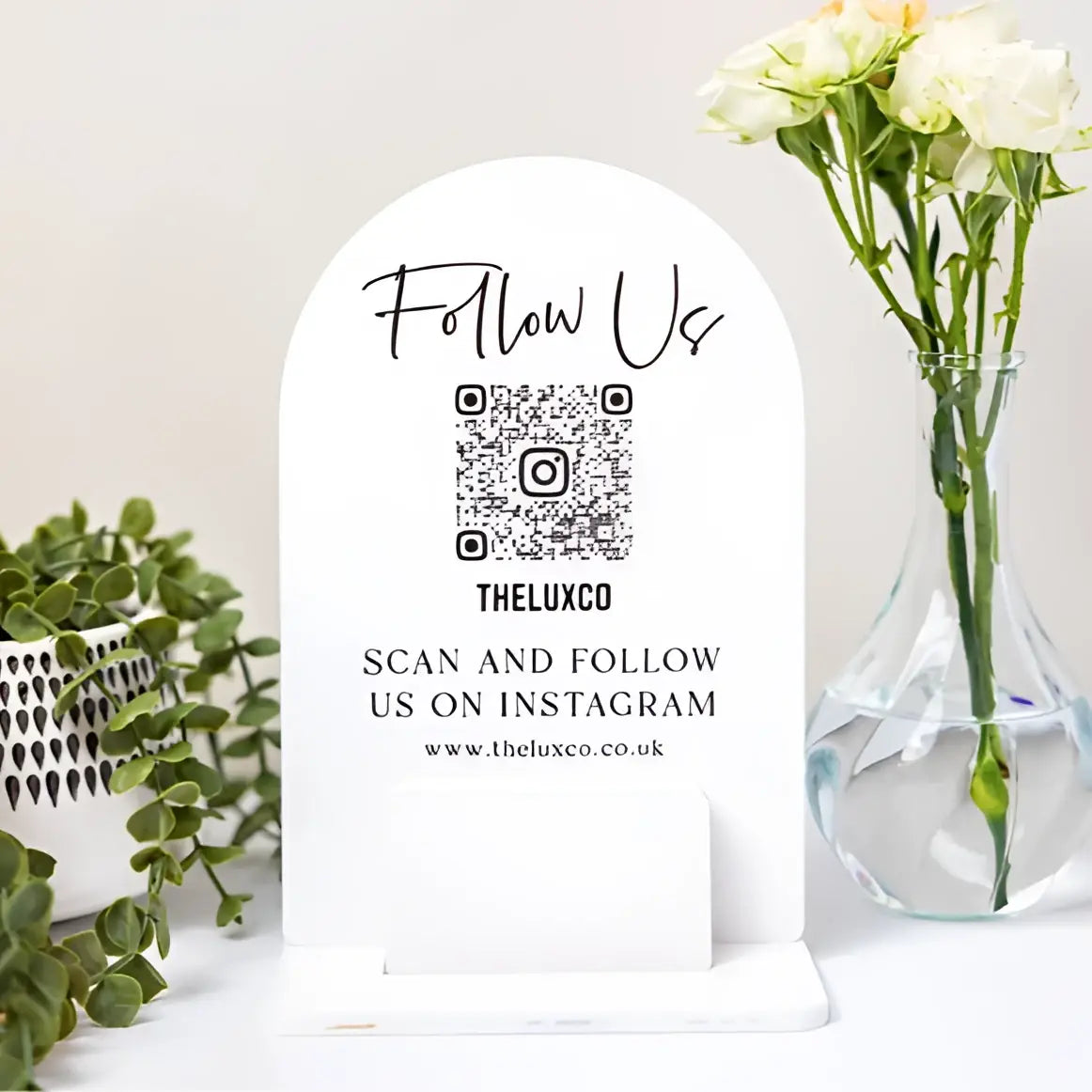 Luxury social media sign – custom qr display with business card holder acrylic dome