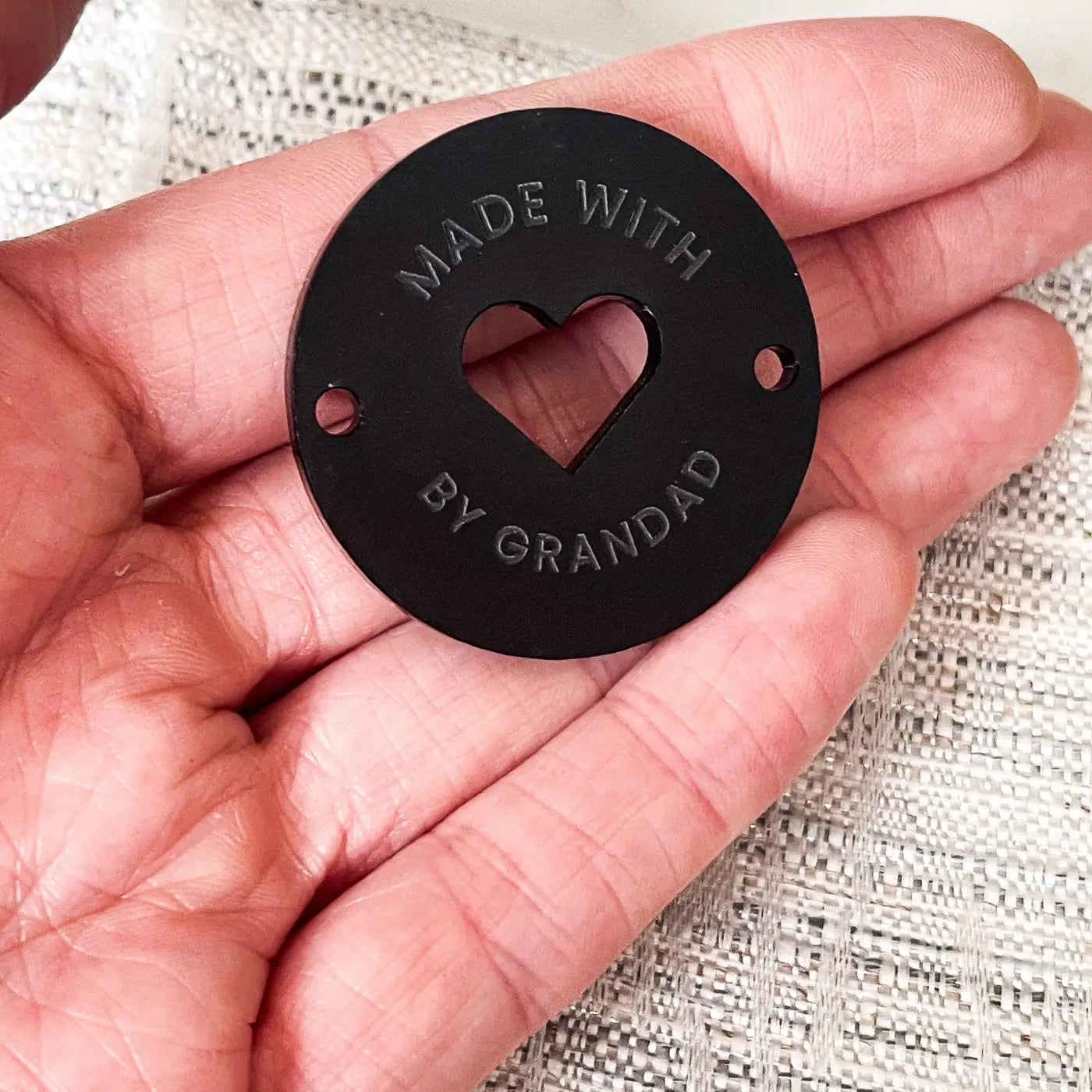 Made with love button tag – personalised craft labels | acrylic wooden & mirror finish