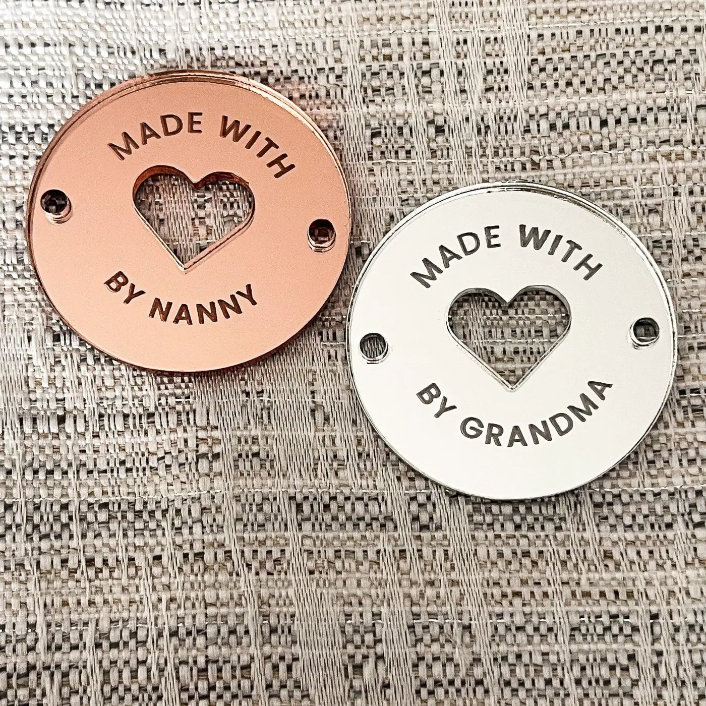 Made with love button tag – personalised craft labels | acrylic wooden & mirror finish