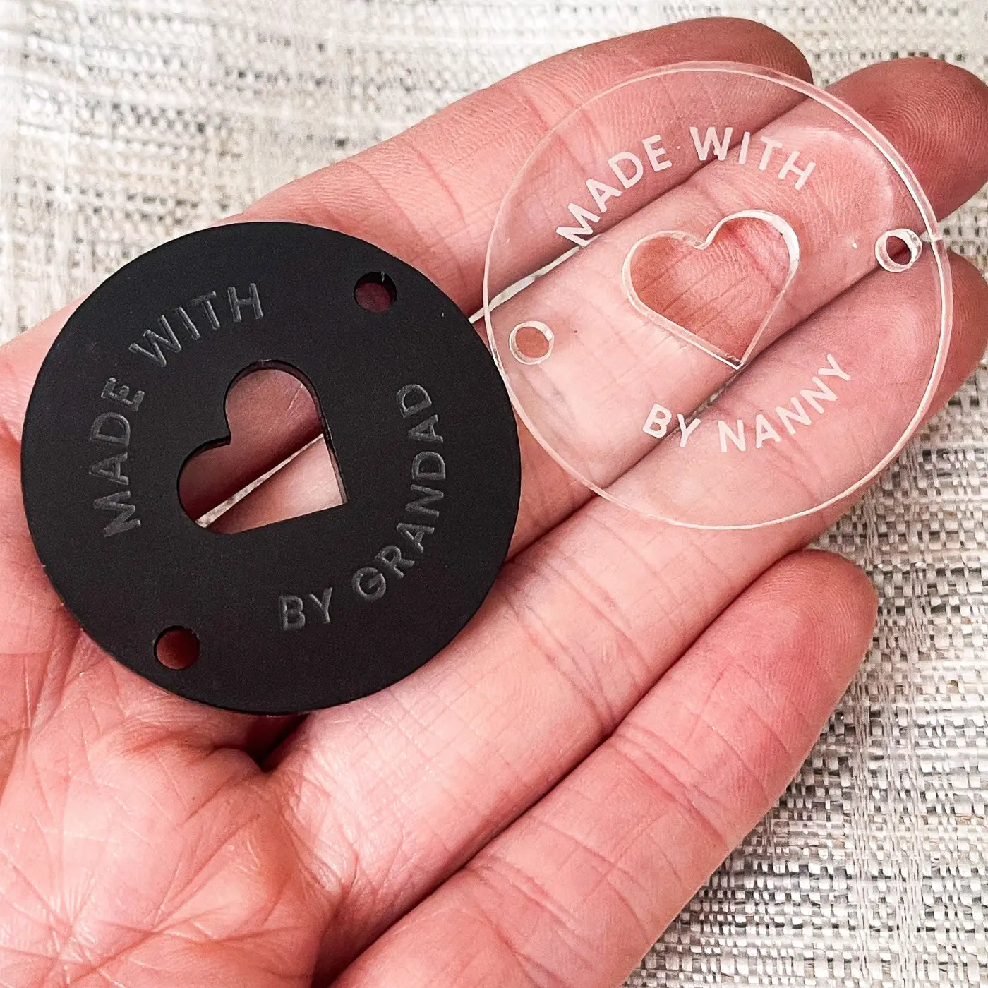 Made with love button tag – personalised craft labels | acrylic wooden & mirror finish