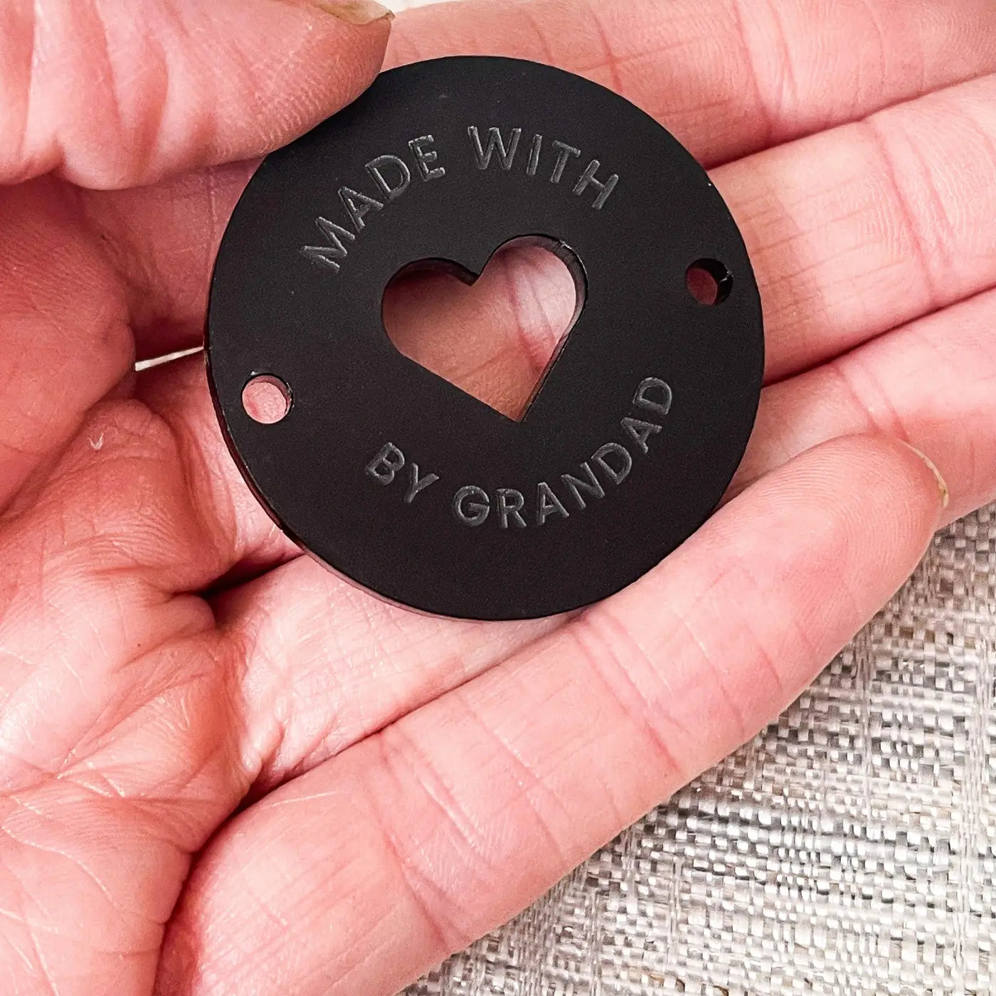 Made with love button tag – personalised craft labels | acrylic wooden & mirror finish