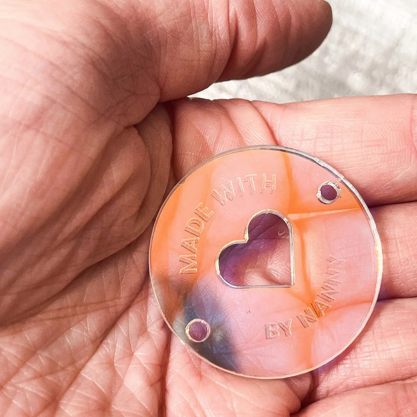 Made with love button tag – personalised craft labels | acrylic wooden & mirror finish