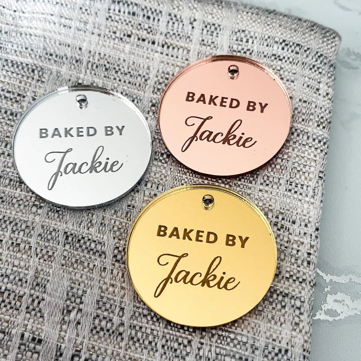 Personalised baking tags – custom labels | mirror acrylic & button